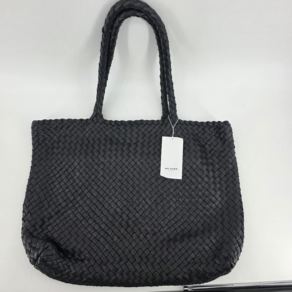 Milaner Elena Woven Handbag Women Large Luxury Nappa Leather Tote Black NEW